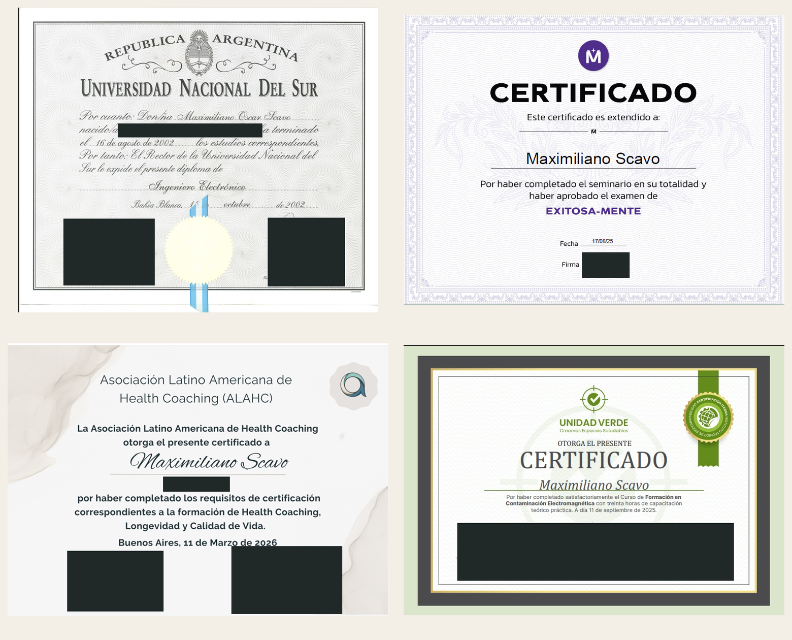 Formación: Universidad Nacional del Sur, octubre de 2002; Melina Vicario, agosto de 2025; ALAHC, marzo de 2026; Unidad Verde, septiembre de 2025