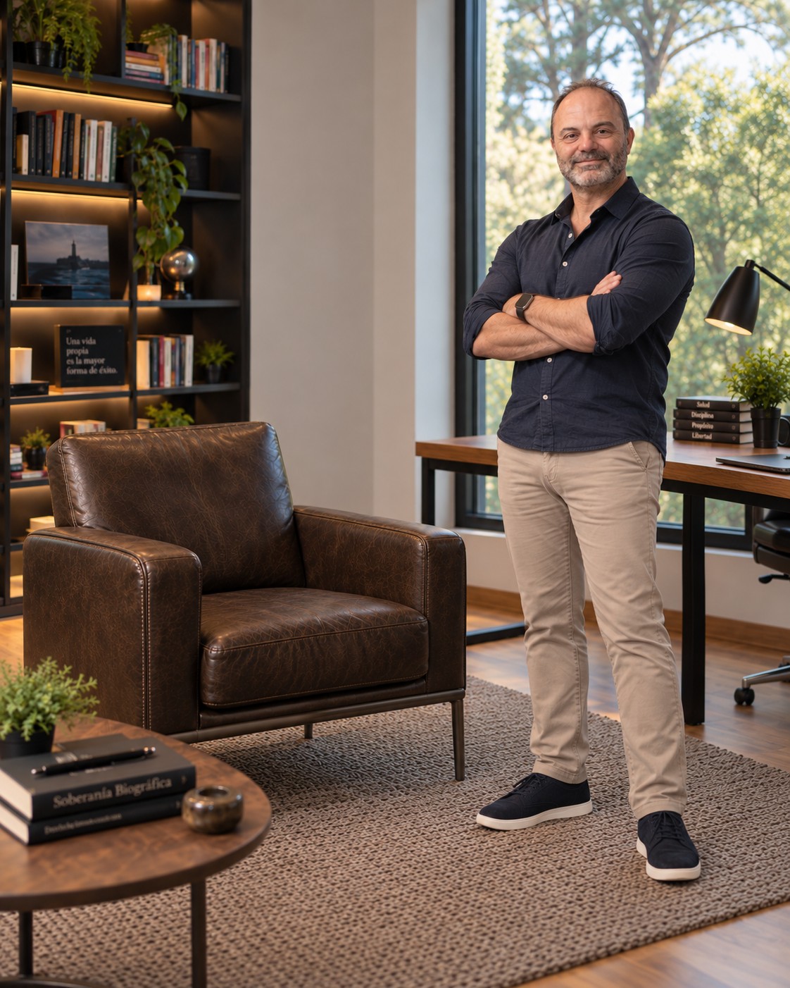 Max Scavo en un estudio cálido, junto a un sillón